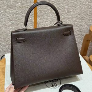 Hermes Kelly 28 Bag Handmade In Epsom Calfskin Leather Silver Hardware 47 Chocolat - Image 2