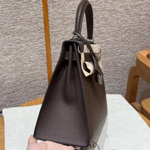 Hermes Kelly 28 Bag Handmade In Epsom Calfskin Leather Silver Hardware 47 Chocolat - Image 25