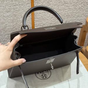 Hermes Kelly 28 Bag Handmade In Epsom Calfskin Leather Silver Hardware 47 Chocolat - Image 23