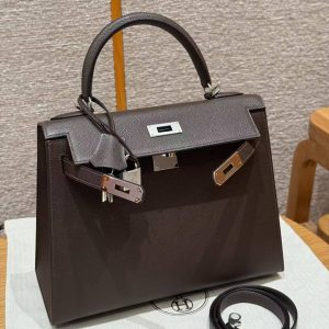 Hermes Kelly 28 Bag Handmade In Epsom Calfskin Leather Silver Hardware 47 Chocolat - Image 18