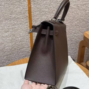 Hermes Kelly 28 Bag Handmade In Epsom Calfskin Leather Silver Hardware 47 Chocolat - Image 17