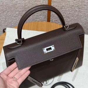 Hermes Kelly 28 Bag Handmade In Epsom Calfskin Leather Silver Hardware 47 Chocolat - Image 16