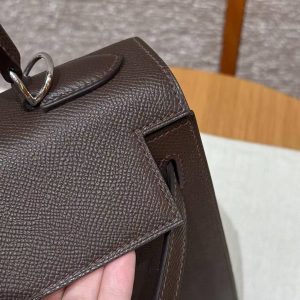 Hermes Kelly 28 Bag Handmade In Epsom Calfskin Leather Silver Hardware 47 Chocolat - Image 15