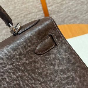 Hermes Kelly 28 Bag Handmade In Epsom Calfskin Leather Silver Hardware 47 Chocolat - Image 10