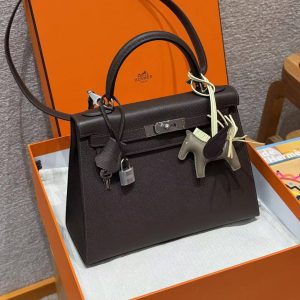 Hermes Kelly 28 Bag Handmade In Epsom Calfskin Leather Silver Hardware 47 Chocolat - Image 9