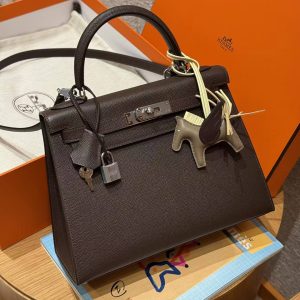 Hermes Kelly 28 Bag Handmade In Epsom Calfskin Leather Silver Hardware 47 Chocolat - Image 8