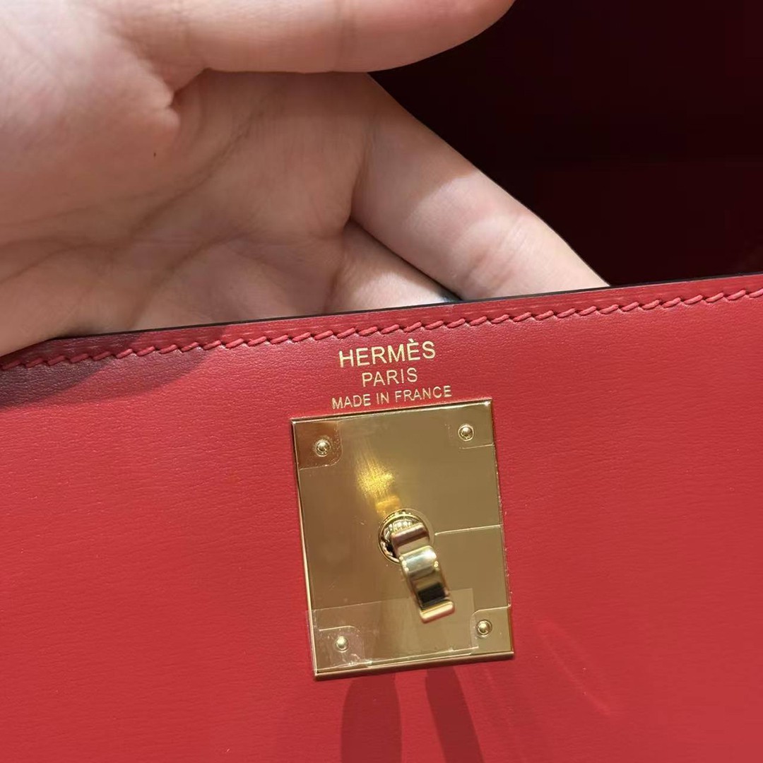 Hermes Kelly 28 Bag Handmade In Box Calfskin Leather Gold Hardware 5x Rouge Piment - Image 13