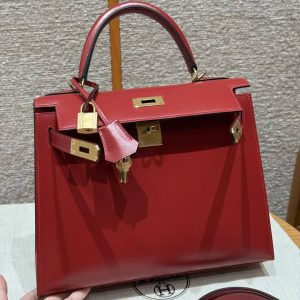 Hermes Kelly 28 Bag Handmade In Box Calfskin Leather Gold Hardware 5x Rouge Piment - Image 11