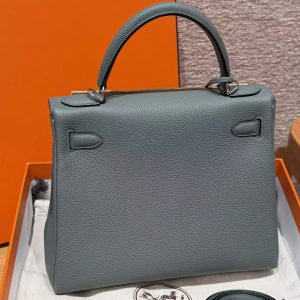 Hermes Kelly 28 Bag Handmade In Togo Calfskin Leather Silver Hardware 63 Vert Amanda - Image 2