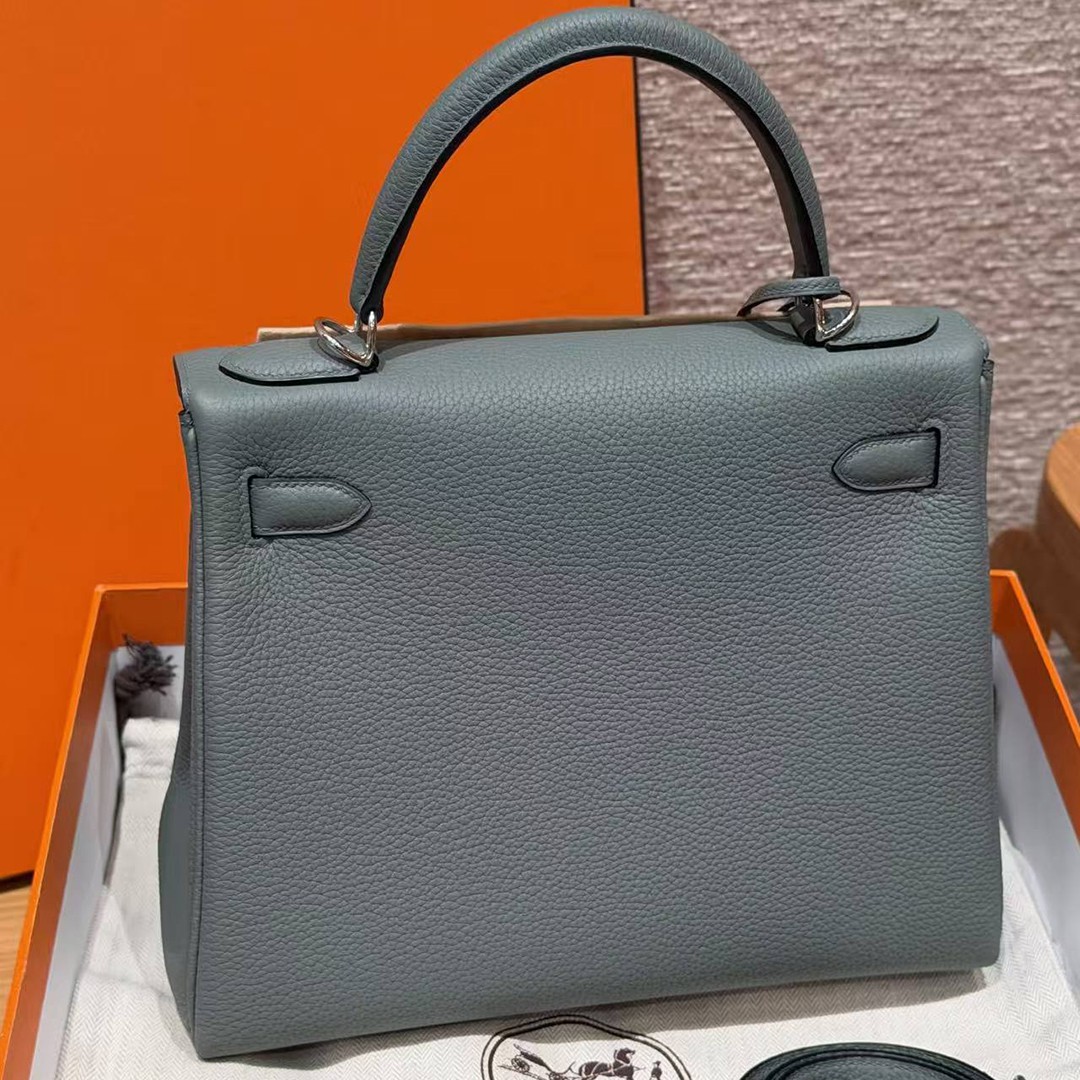 Hermes Kelly 28 Bag Handmade In Togo Calfskin Leather Silver Hardware 63 Vert Amanda - Image 2