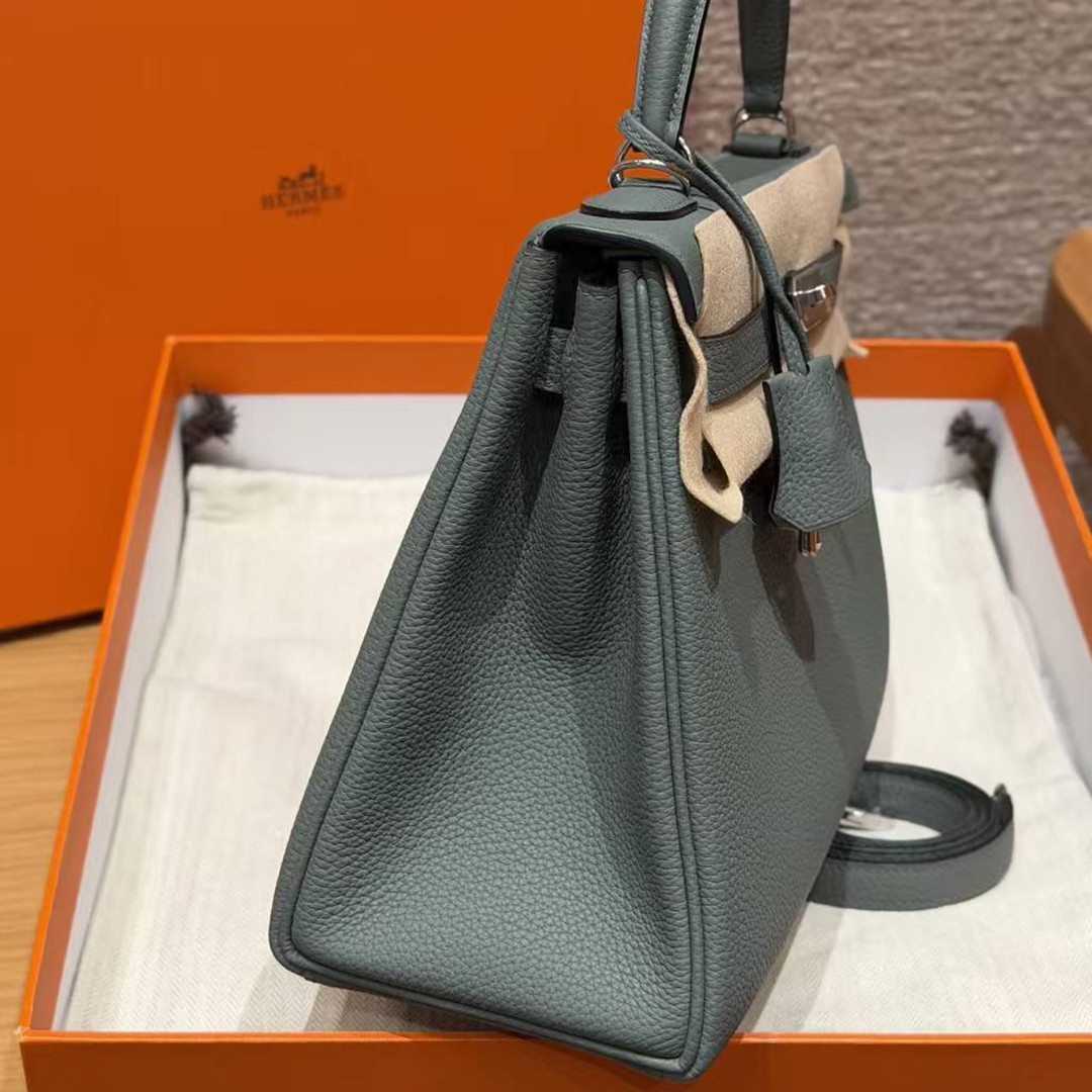 Hermes Kelly 28 Bag Handmade In Togo Calfskin Leather Silver Hardware 63 Vert Amanda - Image 28