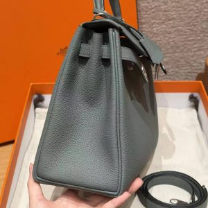 Hermes Kelly 28 Bag Handmade In Togo Calfskin Leather Silver Hardware 63 Vert Amanda - Image 20