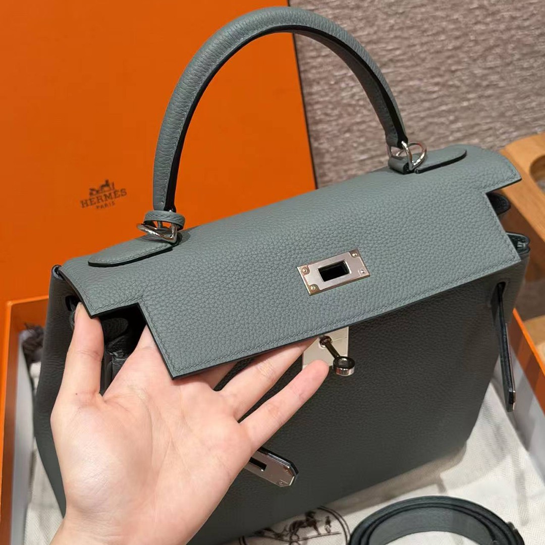 Hermes Kelly 28 Bag Handmade In Togo Calfskin Leather Silver Hardware 63 Vert Amanda - Image 19