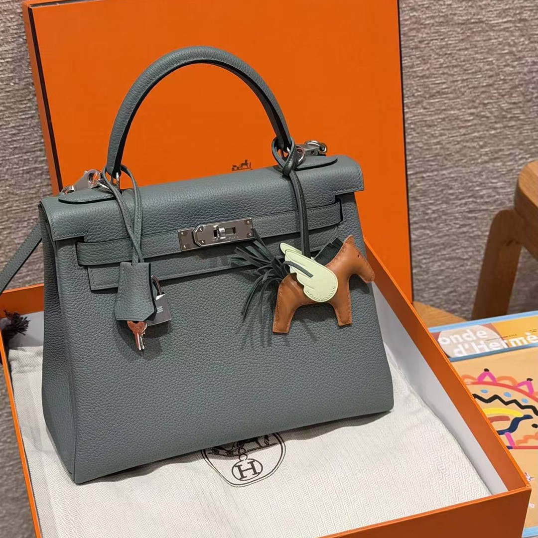 Hermes Kelly 28 Bag Handmade In Togo Calfskin Leather Silver Hardware 63 Vert Amanda - Image 12