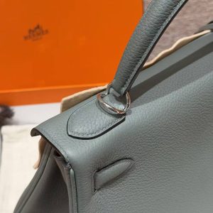 Hermes Kelly 28 Bag Handmade In Togo Calfskin Leather Silver Hardware 63 Vert Amanda - Image 6