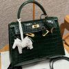 Hermes Kelly 28 Bag Handmade In Niloticus Leather from Nile Gold Hardware 67 Vert Fonce