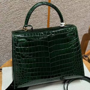 Alternative view of Hermes Kelly 28 Bag Handmade In Niloticus Leather from Nile Gold Hardware 67 Vert Fonce