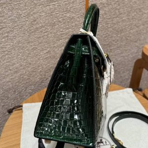 Hermes Kelly 28 Bag Handmade In Niloticus Leather from Nile Gold Hardware 67 Vert Fonce - Image 18