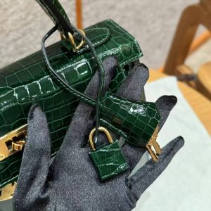 Hermes Kelly 28 Bag Handmade In Niloticus Leather from Nile Gold Hardware 67 Vert Fonce - Image 5