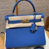 Hermes Kelly 28 Bag Handmade In Togo Calfskin Leather Gold Hardware 71 Blue France