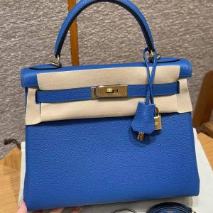 Hermes Kelly 28 Bag Handmade In Togo Calfskin Leather Gold Hardware 71 Blue France