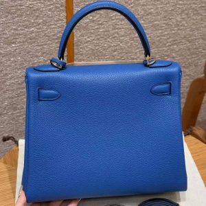 Hermes Kelly 28 Bag Handmade In Togo Calfskin Leather Gold Hardware 71 Blue France - Image 2