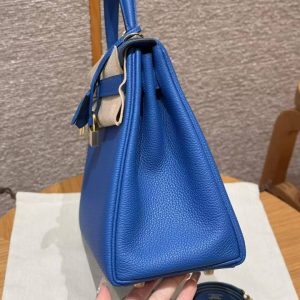 Hermes Kelly 28 Bag Handmade In Togo Calfskin Leather Gold Hardware 71 Blue France - Image 18
