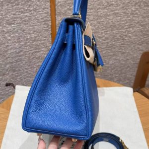 Hermes Kelly 28 Bag Handmade In Togo Calfskin Leather Gold Hardware 71 Blue France - Image 17