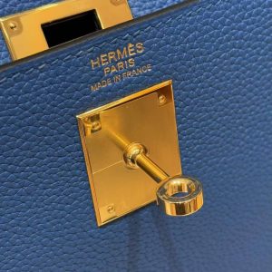 Hermes Kelly 28 Bag Handmade In Togo Calfskin Leather Gold Hardware 71 Blue France - Image 12