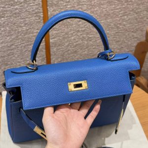 Hermes Kelly 28 Bag Handmade In Togo Calfskin Leather Gold Hardware 71 Blue France - Image 11