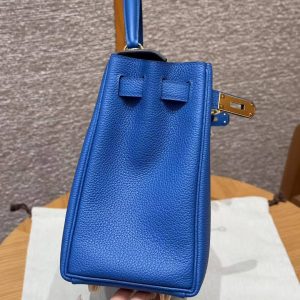 Hermes Kelly 28 Bag Handmade In Togo Calfskin Leather Gold Hardware 71 Blue France - Image 8