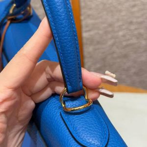 Hermes Kelly 28 Bag Handmade In Togo Calfskin Leather Gold Hardware 71 Blue France - Image 4