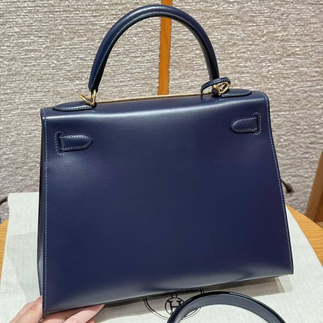 Hermes Kelly 28 Bag Handmade In Box Calfskin Leather Gold Hardware 73 Blue Saphir - Image 2