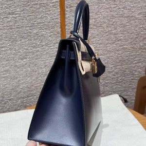 Hermes Kelly 28 Bag Handmade In Box Calfskin Leather Gold Hardware 73 Blue Saphir - Image 18