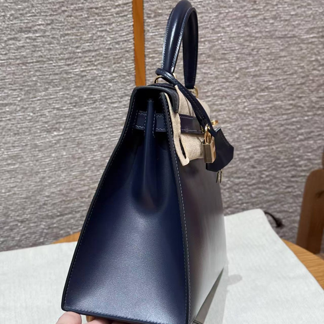 Hermes Kelly 28 Bag Handmade In Box Calfskin Leather Gold Hardware 73 Blue Saphir - Image 18