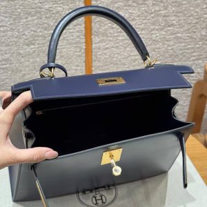 Hermes Kelly 28 Bag Handmade In Box Calfskin Leather Gold Hardware 73 Blue Saphir - Image 16