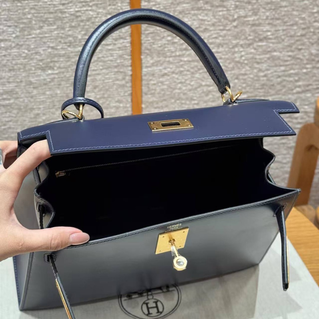Hermes Kelly 28 Bag Handmade In Box Calfskin Leather Gold Hardware 73 Blue Saphir - Image 16