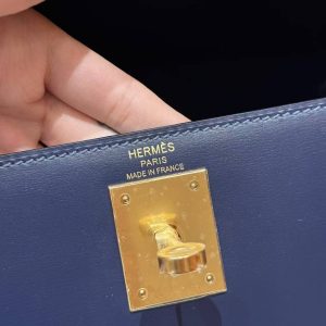 Hermes Kelly 28 Bag Handmade In Box Calfskin Leather Gold Hardware 73 Blue Saphir - Image 15