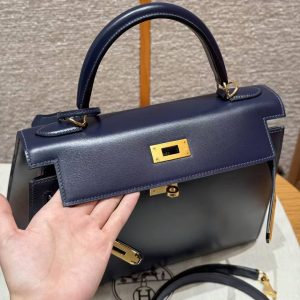 Hermes Kelly 28 Bag Handmade In Box Calfskin Leather Gold Hardware 73 Blue Saphir - Image 12