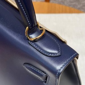 Hermes Kelly 28 Bag Handmade In Box Calfskin Leather Gold Hardware 73 Blue Saphir - Image 9