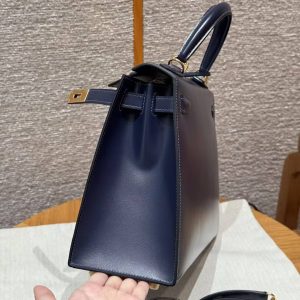 Hermes Kelly 28 Bag Handmade In Box Calfskin Leather Gold Hardware 73 Blue Saphir - Image 3