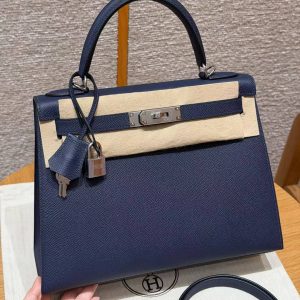 Hermes Kelly 28 Bag Handmade In Epsom Calfskin Leather Silver Hardware 73 Blue Saphir