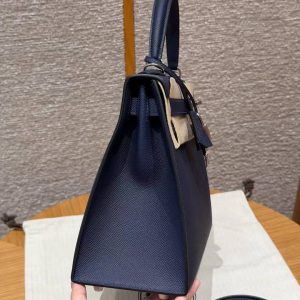 Hermes Kelly 28 Bag Handmade In Epsom Calfskin Leather Silver Hardware 73 Blue Saphir - Image 20