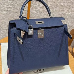 Hermes Kelly 28 Bag Handmade In Epsom Calfskin Leather Silver Hardware 73 Blue Saphir - Image 13
