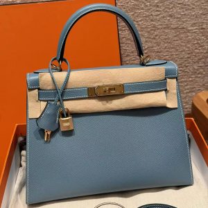 Hermes Kelly 28 Bag Handmade In Epsom Calfskin Leather Gold Hardware 75 Bleu Jean