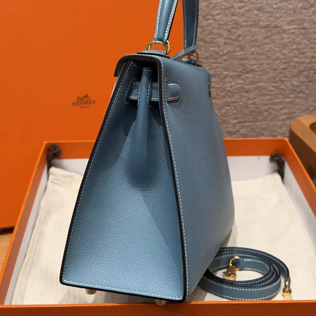 Hermes Kelly 28 Bag Handmade In Epsom Calfskin Leather Gold Hardware 75 Bleu Jean - Image 27