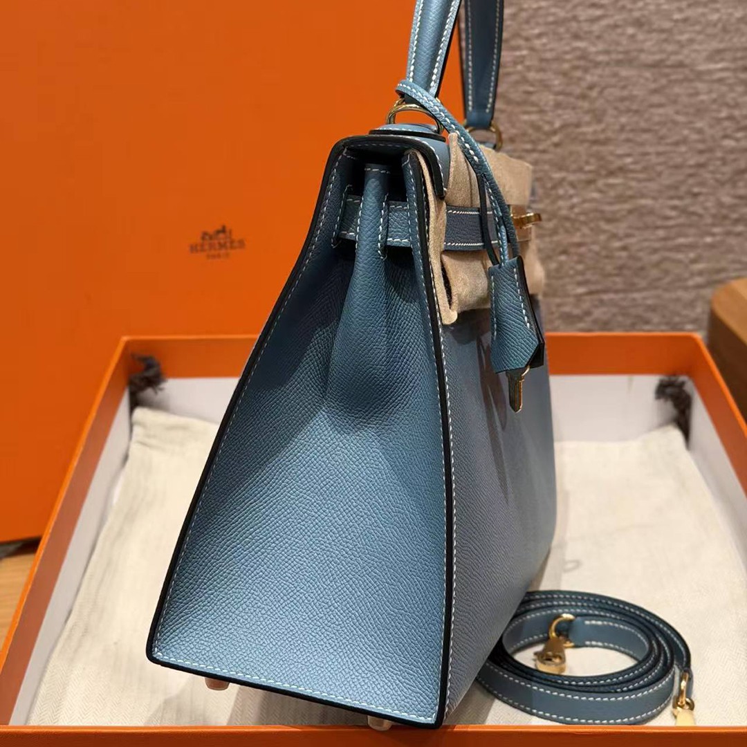 Hermes Kelly 28 Bag Handmade In Epsom Calfskin Leather Gold Hardware 75 Bleu Jean - Image 26