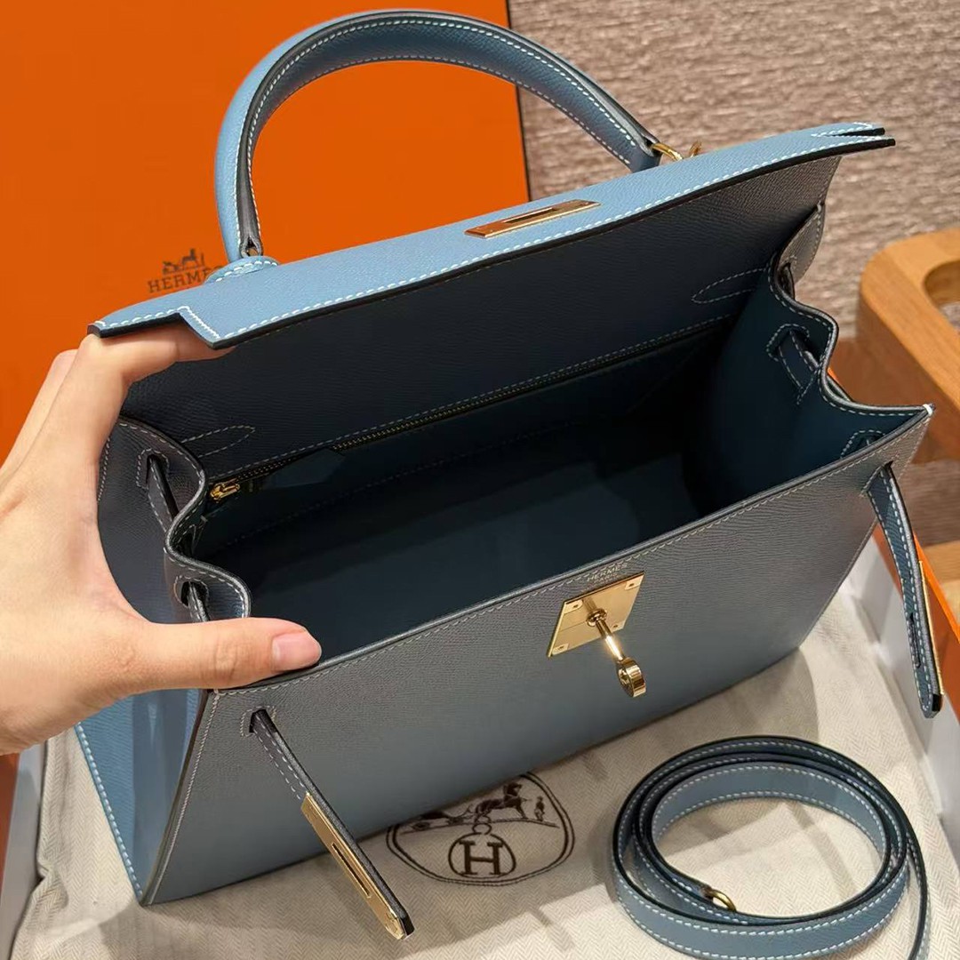 Hermes Kelly 28 Bag Handmade In Epsom Calfskin Leather Gold Hardware 75 Bleu Jean - Image 24