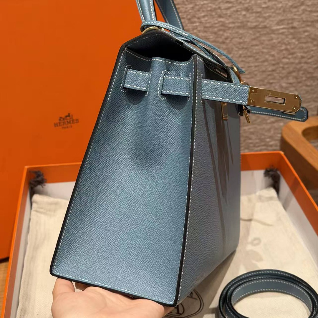 Hermes Kelly 28 Bag Handmade In Epsom Calfskin Leather Gold Hardware 75 Bleu Jean - Image 18