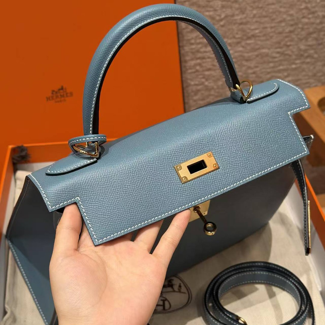 Hermes Kelly 28 Bag Handmade In Epsom Calfskin Leather Gold Hardware 75 Bleu Jean - Image 17